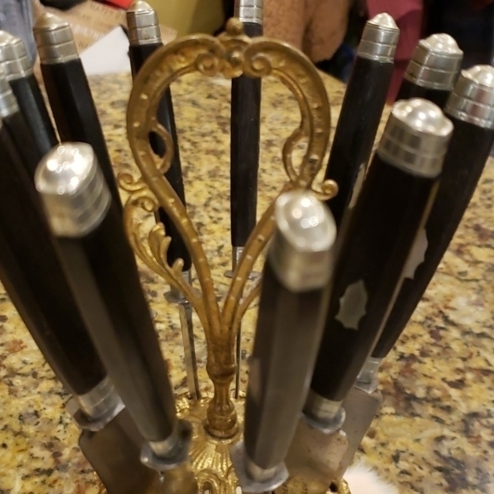 Vtg J Depirc Gembloix Set 12 Knives/Brass Holder - Picture 4 of 11